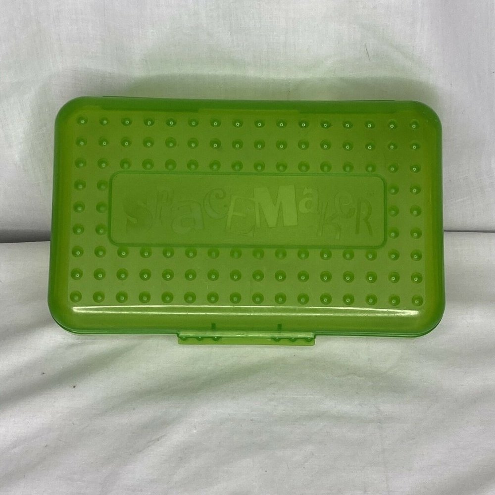 SpaceMaker Pencil Box Translucent Green Clear 90s Vtg Storage Lid Hard Plastic